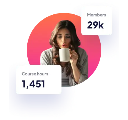 Woman drinking coffee with two bubbles. left bubble shows Course Hours at 1 thousand and 451 hours, right bubble shows Members at 29 thousand